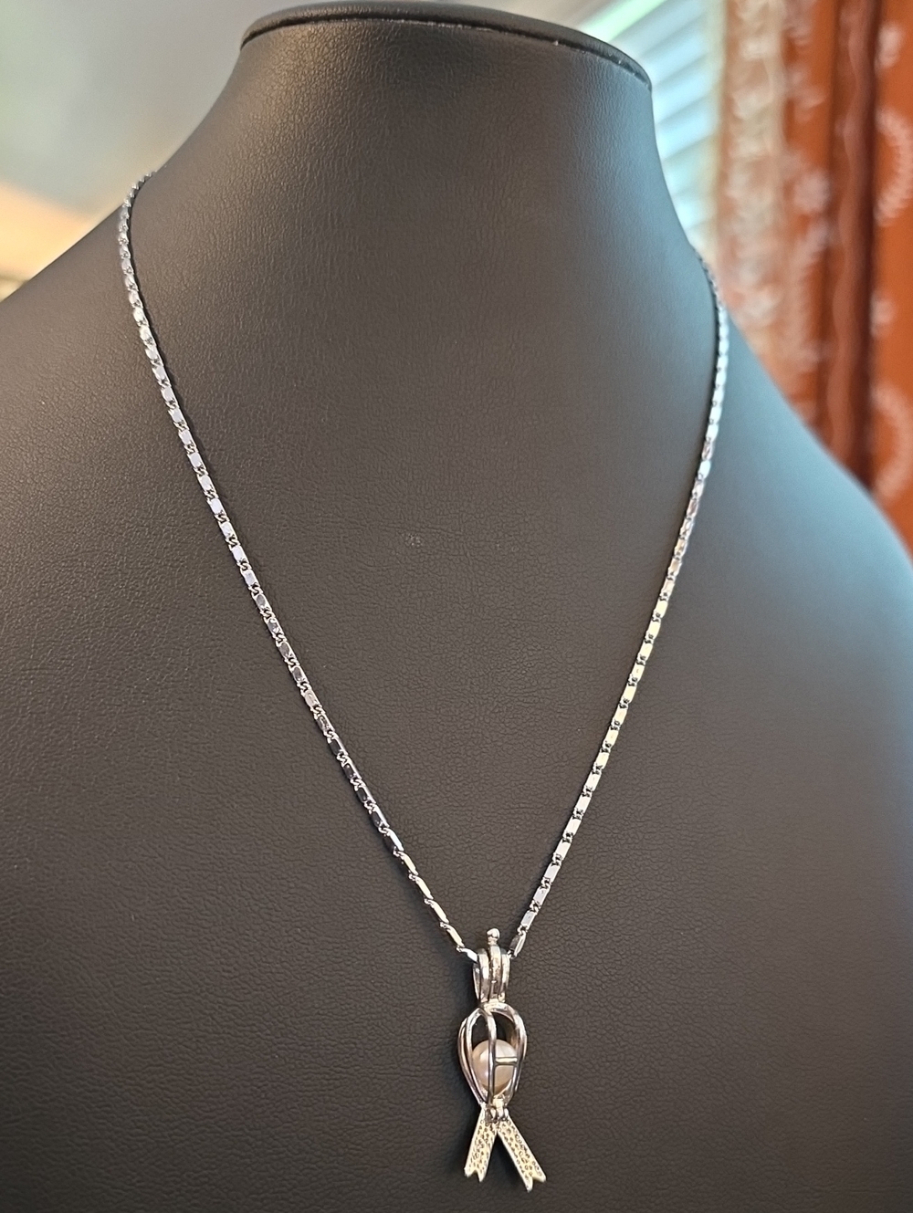 18K Gold Plated Chain & Silver Tone Awareness Ribbon Pearl Cage Pendant